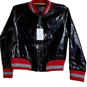 Comme USA Black Leather Jacket with Red Collar